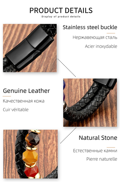 Nowa geometryczna bransoletka z naturalnego kamienia - modna biżuteria na rękę z czarną prawdziwą skórą dla kobiet i mężczyzn - Wianko - 11
