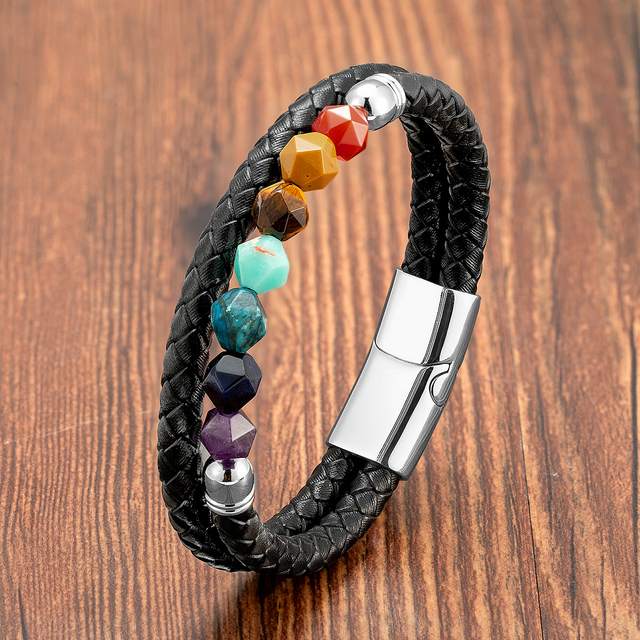 Nowa geometryczna bransoletka z naturalnego kamienia - modna biżuteria na rękę z czarną prawdziwą skórą dla kobiet i mężczyzn - Wianko - 7