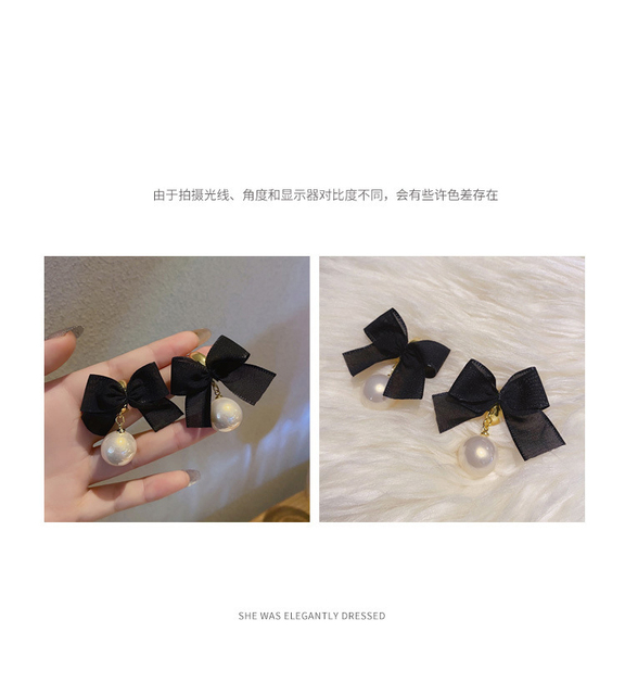 Kolczyki wiszące z czarnym Bowknotem i białymi perłami dla kobiet z Korei Południowej - Wianko - 3