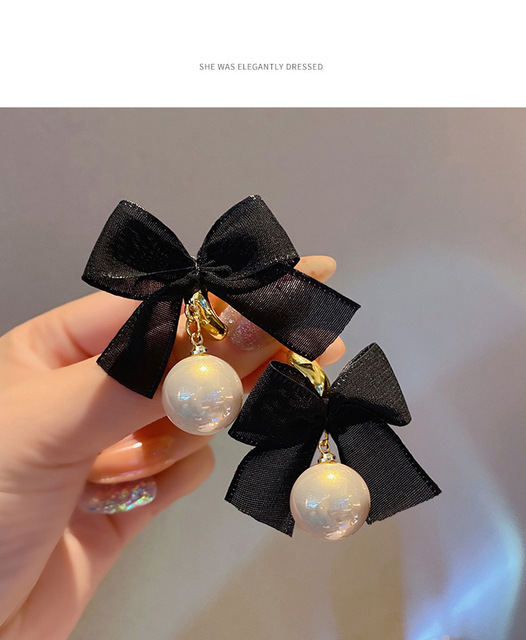 Kolczyki wiszące z czarnym Bowknotem i białymi perłami dla kobiet z Korei Południowej - Wianko - 2