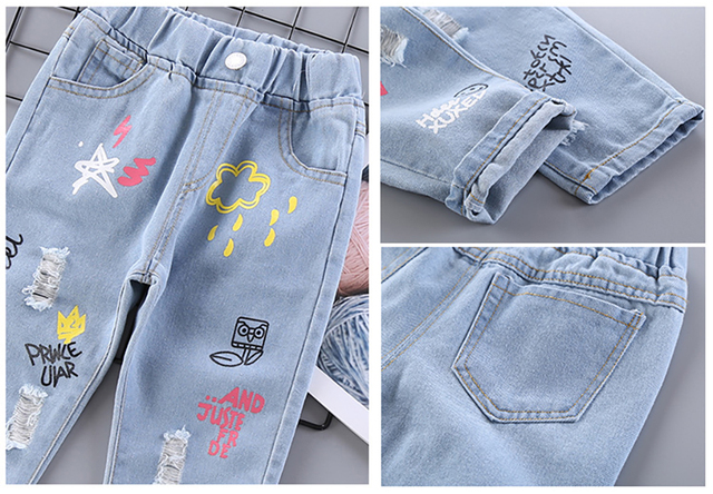 Długie jeansowe spodnie dziecięce z kwiatowym motywem kreskówki - wiosna/jesień - malarstwo graffiti - otwór JYF - Wianko - 4