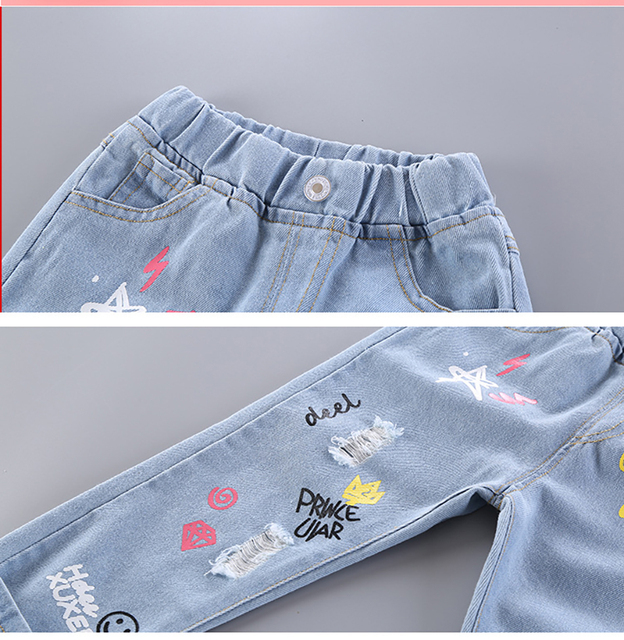 Długie jeansowe spodnie dziecięce z kwiatowym motywem kreskówki - wiosna/jesień - malarstwo graffiti - otwór JYF - Wianko - 7