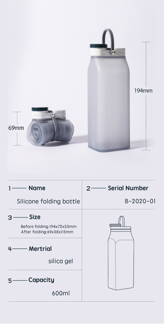 Butelka sportowa składana ZK50 600ml z zewnątrz silikonową powłoką - przenośna i składana butelka na wodę o pojemności 600ml, wykonana z materiału spożywczego - Wianko - 5