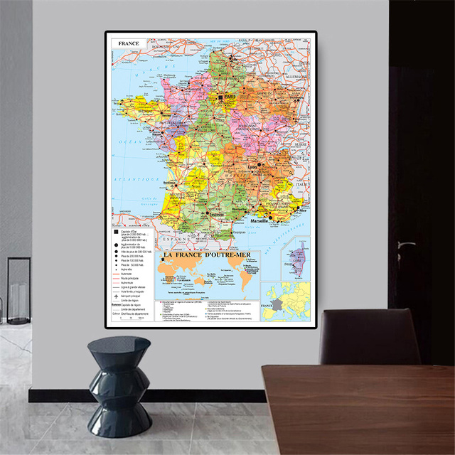Duży plakat mapy politycznej Francji w języku francuskim, wykonany na włókninie płóciennej 100x150 cm do dekoracji domu, salonu czy szkoły - Wianko - 2