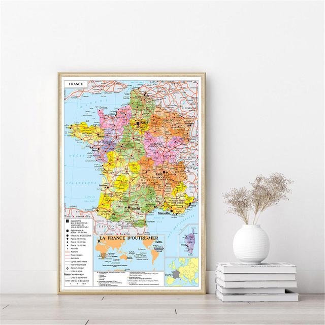 Duży plakat mapy politycznej Francji w języku francuskim, wykonany na włókninie płóciennej 100x150 cm do dekoracji domu, salonu czy szkoły - Wianko - 4