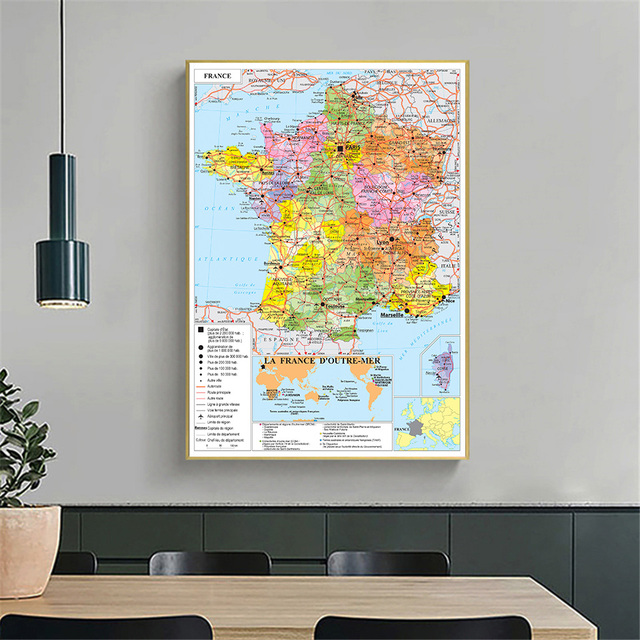 Duży plakat mapy politycznej Francji w języku francuskim, wykonany na włókninie płóciennej 100x150 cm do dekoracji domu, salonu czy szkoły - Wianko - 3