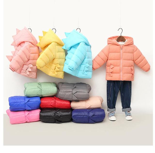 Zimowa ocieplana kurtka dla dzieci w kształcie dinozaura z kapturem, bawełniany płaszcz w kolorze cukierków - Overwear - Wianko - 2