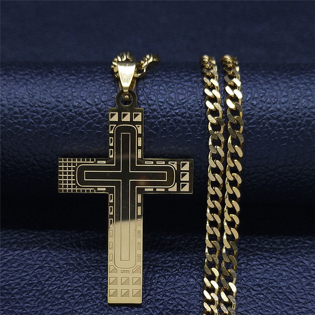 Naszyjnik krzyż ze stali nierdzewnej w złotym kolorze z łańcuchem - moda 2021 (N4278S05) - Wianko - 20