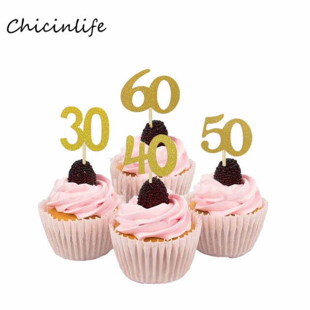 Dekoracja do tortu z numerem 30, 40, 50, 60 Chicinlife Cupcake Topper 10 sztuk - Rocznica Ślubu i Urodziny - Wianko - 1