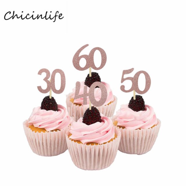 Dekoracja do tortu z numerem 30, 40, 50, 60 Chicinlife Cupcake Topper 10 sztuk - Rocznica Ślubu i Urodziny - Wianko - 2