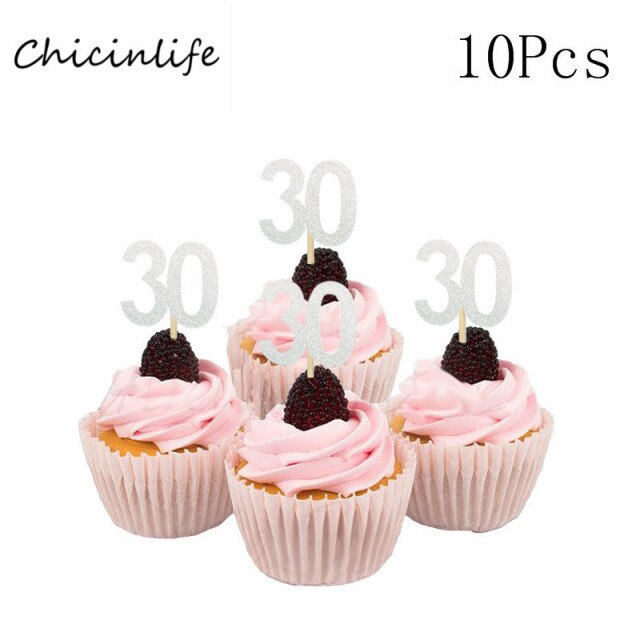 Dekoracja do tortu z numerem 30, 40, 50, 60 Chicinlife Cupcake Topper 10 sztuk - Rocznica Ślubu i Urodziny - Wianko - 3