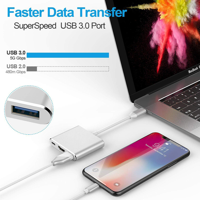 Adapter USB C na HDMI 4K + USB 3.0 + Port ładowania USB-C dla MacBook Pro/iPad Pro/S8+/S9+/projektor - Huby USB - Wianko - 3