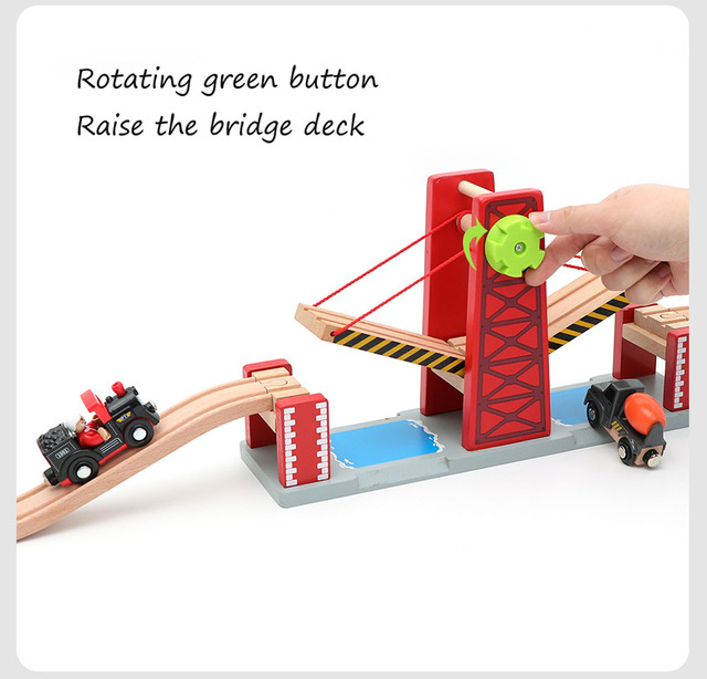 Drewniane zestawy kolejowe z akcesoriami, mostem oraz torami - zabawki edukacyjne dla dzieci - Wianko - 12