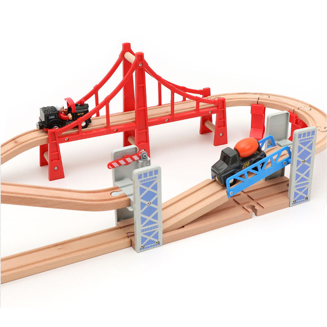 Drewniane zestawy kolejowe z akcesoriami, mostem oraz torami - zabawki edukacyjne dla dzieci - Wianko - 13