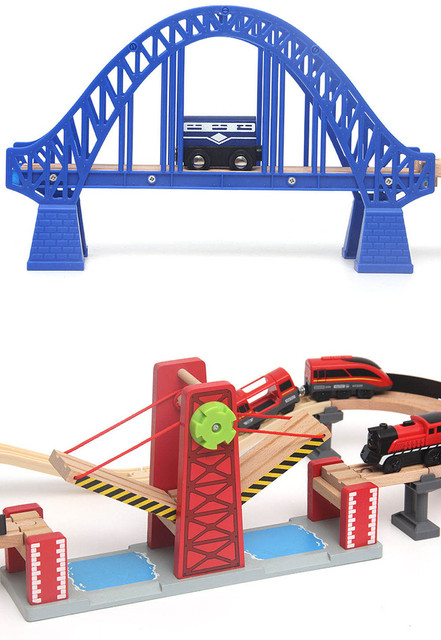 Drewniane zestawy kolejowe z akcesoriami, mostem oraz torami - zabawki edukacyjne dla dzieci - Wianko - 4