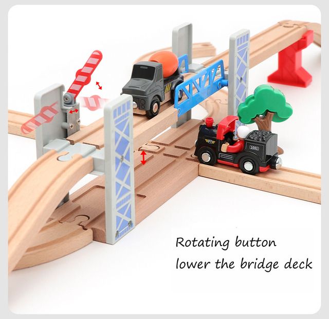 Drewniane zestawy kolejowe z akcesoriami, mostem oraz torami - zabawki edukacyjne dla dzieci - Wianko - 11