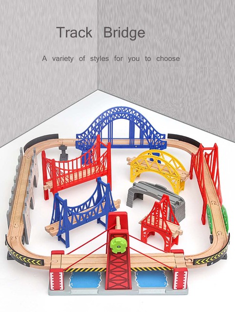 Drewniane zestawy kolejowe z akcesoriami, mostem oraz torami - zabawki edukacyjne dla dzieci - Wianko - 1