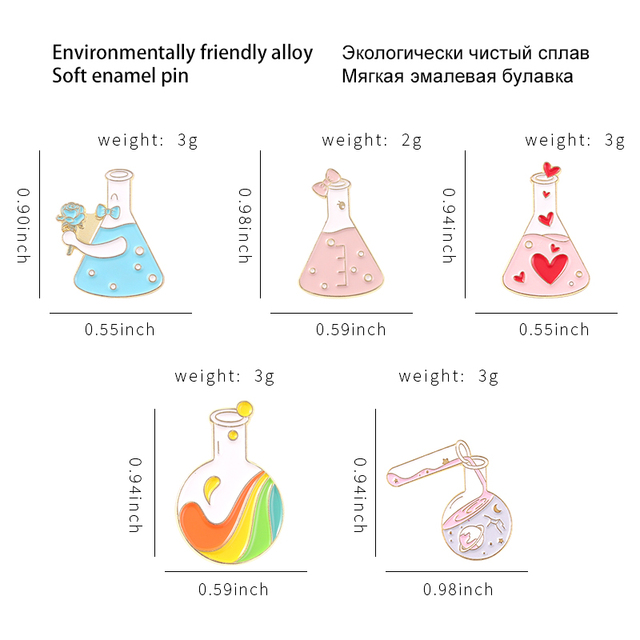 Enamelowana broszka laboratoryjna w kształcie stożkowej kolby z magiczną miksturą i różowym sercem - Wianko - 2