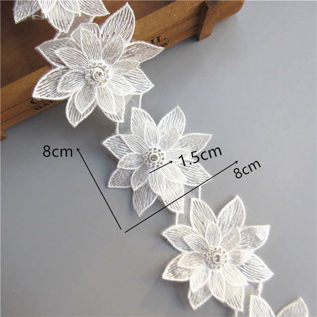 Kwiatowa koronka haftowana z białej tkaniny z aplikacją diamentowych kwiatów, 10x - Wianko - 11