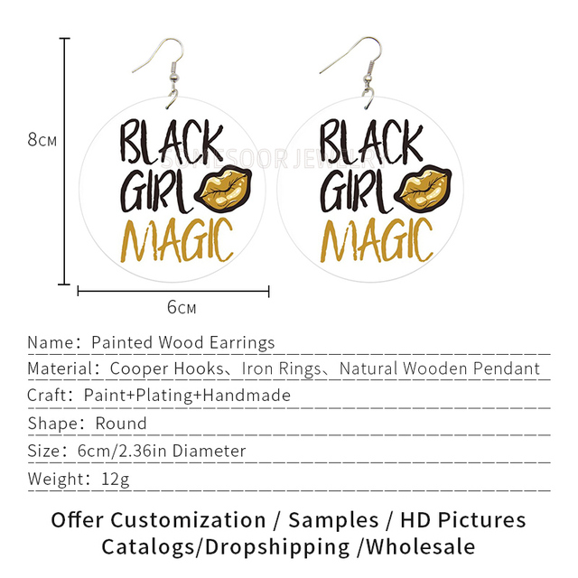 Wiszące kolczyki czarnej dziewczyny afrykańskiej - drewno, warianty z obiema stronami, zdobienia z czarną magią, naturalne - Wianko - 2
