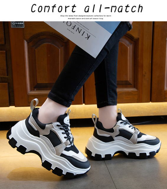 Koreańskie buty damskie marki Chunky Sneakers z grubą czarno-białą podeszwą platformy - Wianko - 16