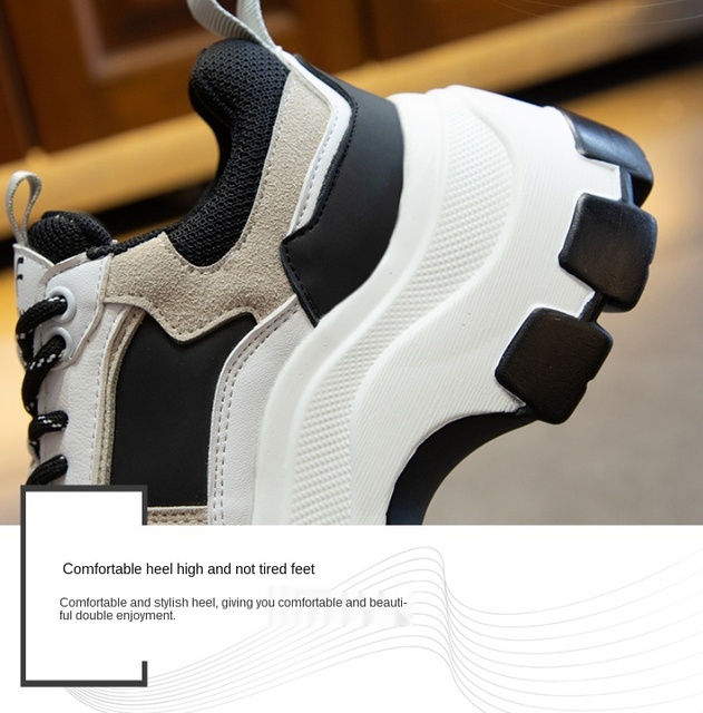 Koreańskie buty damskie marki Chunky Sneakers z grubą czarno-białą podeszwą platformy - Wianko - 7