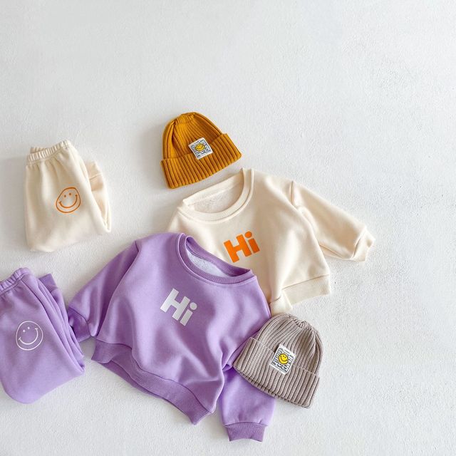 Dwuczęściowy garnitur pluszowy Hi, jesienno-zimowy dla niemowląt (dla chłopców i dziewczynek), uśmiechnięta koszulka z nadrukiem i spodnie - Wianko - 3