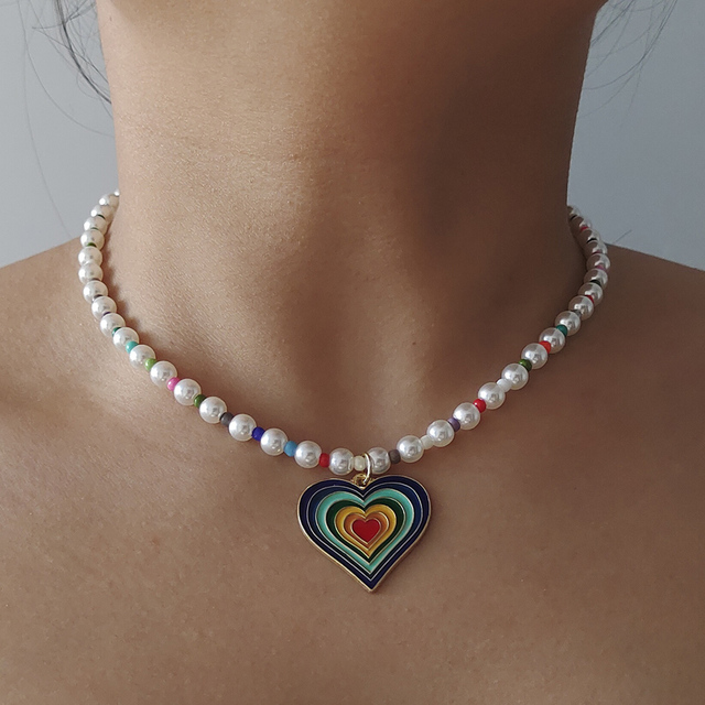 Naszyjnik ZX - serce słonecznikowe w tęczowych kolorach, vintage, imitacja pereł, ozdobiony paciorkami, krótki łańcuch chokers dla kobiet i dziewczynki - Wianko - 6