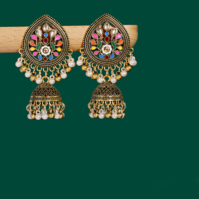 Kolczyki wiszące z indyjską biżuterią - kwiaty, krople wody, tassel - dla kobiet, artystyczne, retro, ze złotymi dzwoneczkami, koralikami tybetańskimi - Wianko - 7