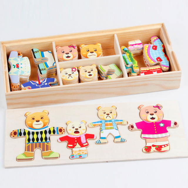 Zestaw 72 drewnianych puzzli edukacyjnych z królikiem i niedźwiedziem zmieniającymi ubrania dla dzieci - Wianko - 1
