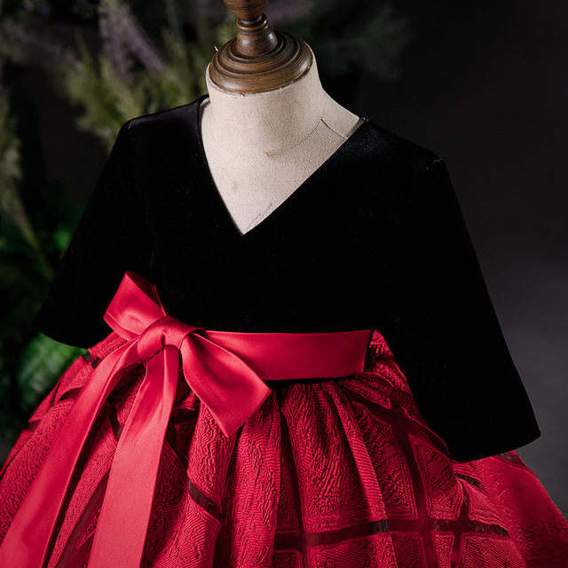 Dziecięca aksamitna suknia ślubna w stylu retro - Europejska i amerykańska księżniczka dla dziewczynek - Wianko - 30