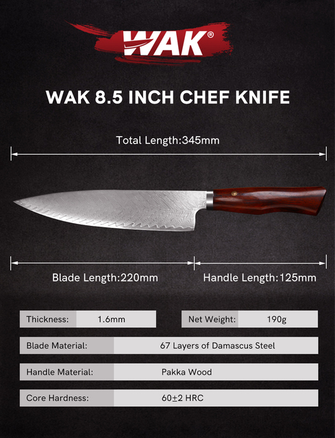 Nóż kuchenny WAK 8 - profesjonalne ostrze 9Cr18 Mov ze stali damasceńskiej, uchwyt z czarnego G10 - Wianko - 2