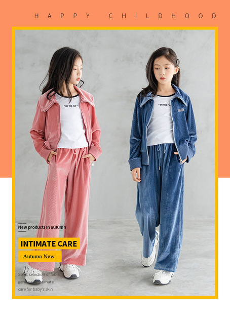 Złote aksamitne zestawy odzieżowe dla dzieci dziewczyn - kurtka i luźne spodnie 2 szt dresy z kolorowym zamkiem błyskawicznym - Wianko - 1