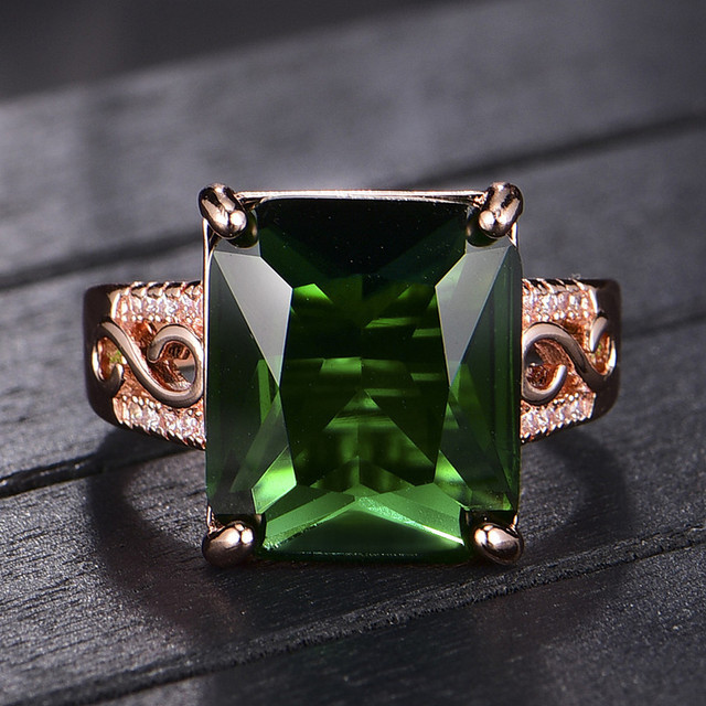 Kwadratowy pierścionek zielony z kryształem szmaragdowym i diamentami w różowym złocie - Bague Fine Jewelry - Wianko - 3