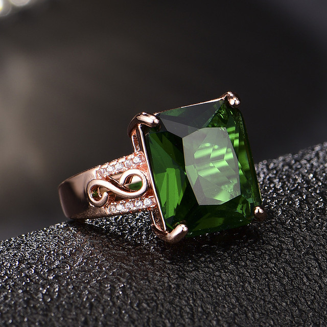 Kwadratowy pierścionek zielony z kryształem szmaragdowym i diamentami w różowym złocie - Bague Fine Jewelry - Wianko - 7