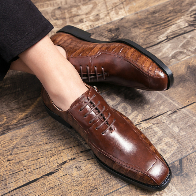 Mężczyźni wygodne buty wizytowe z nicią do szycia, wzór krokodyla z naturalnej skóry jeleniowej modny Groom Zapatos Hombre - Wianko - 14