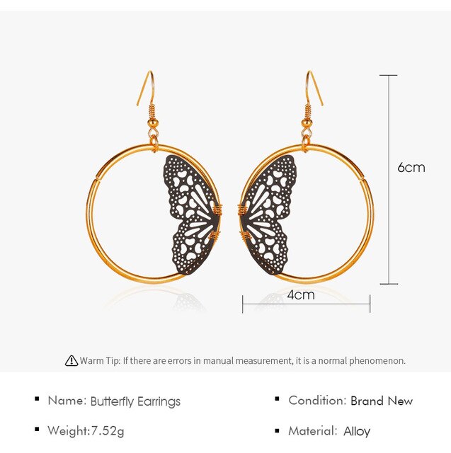 Kolczyki wiszące z czarnym hollow motylem i złotym okrągłym designem dla kobiet - Wianko - 1