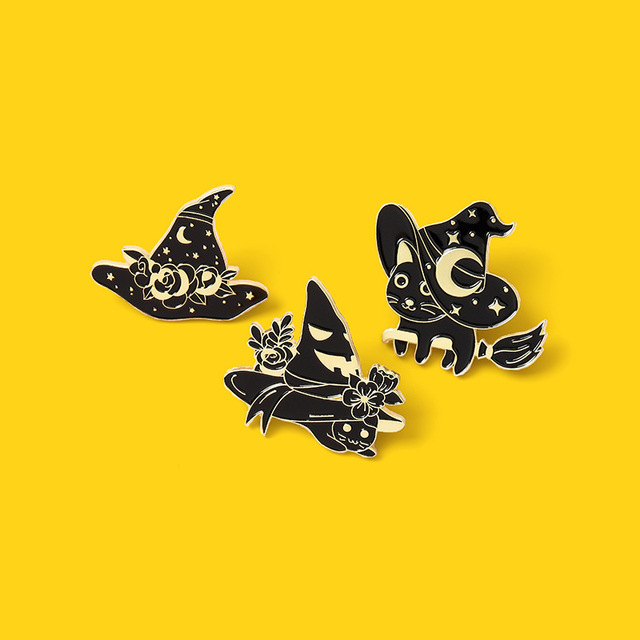 Broszka emaliowana na płaszcz Halloween wiedźmy - czarny kapelusz, czarny magiczny kot, czarny broch Punk, czarne szpilki - Wianko - 3