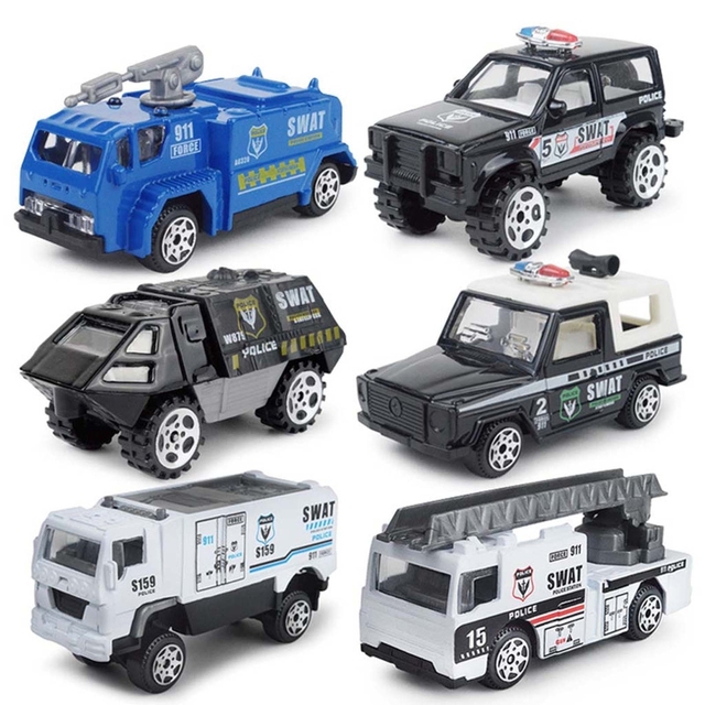 Zestaw 6 sztuk pojazdów w skali 1:87: ciężarówka strażacka, helikopter wojskowy i pojazd SWAT - metalowy odlew, przesuwane modele samochodów zabawka dziecięca - Wianko - 7
