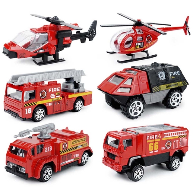 Zestaw 6 sztuk pojazdów w skali 1:87: ciężarówka strażacka, helikopter wojskowy i pojazd SWAT - metalowy odlew, przesuwane modele samochodów zabawka dziecięca - Wianko - 5