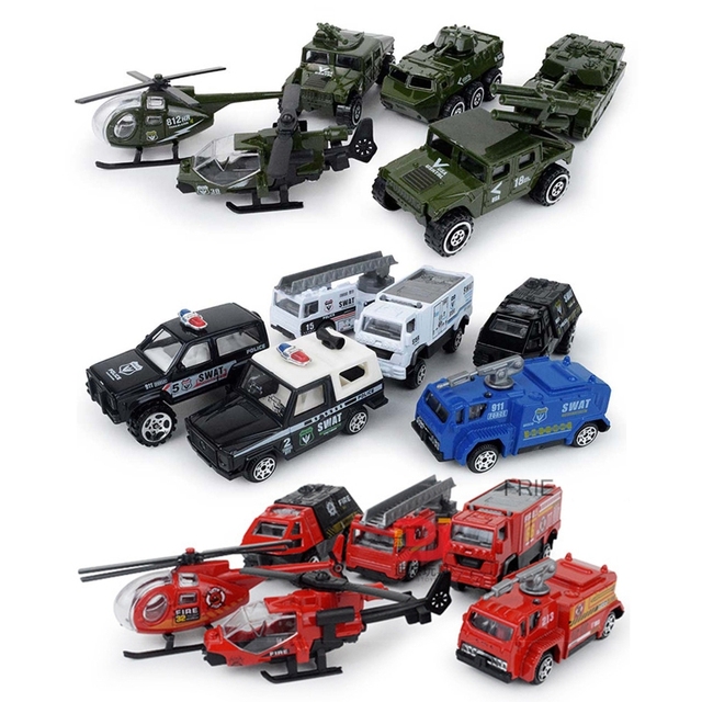 Zestaw 6 sztuk pojazdów w skali 1:87: ciężarówka strażacka, helikopter wojskowy i pojazd SWAT - metalowy odlew, przesuwane modele samochodów zabawka dziecięca - Wianko - 3