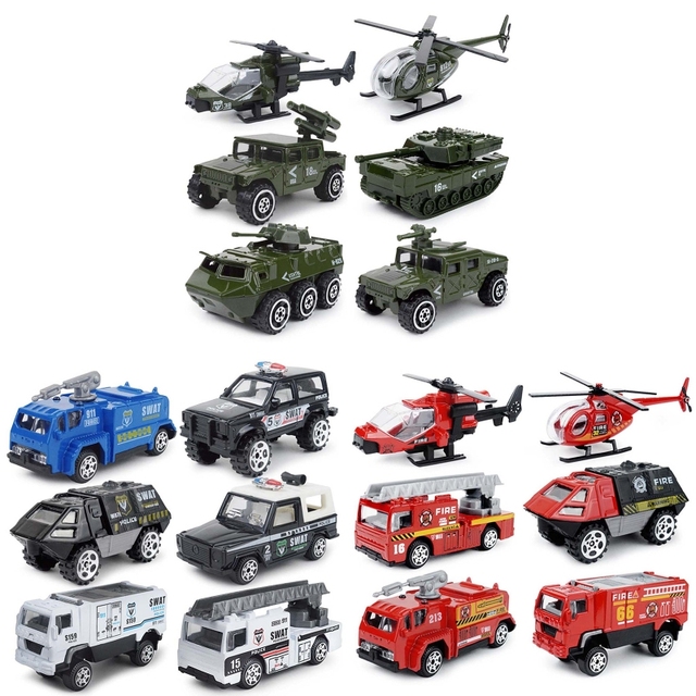 Zestaw 6 sztuk pojazdów w skali 1:87: ciężarówka strażacka, helikopter wojskowy i pojazd SWAT - metalowy odlew, przesuwane modele samochodów zabawka dziecięca - Wianko - 1