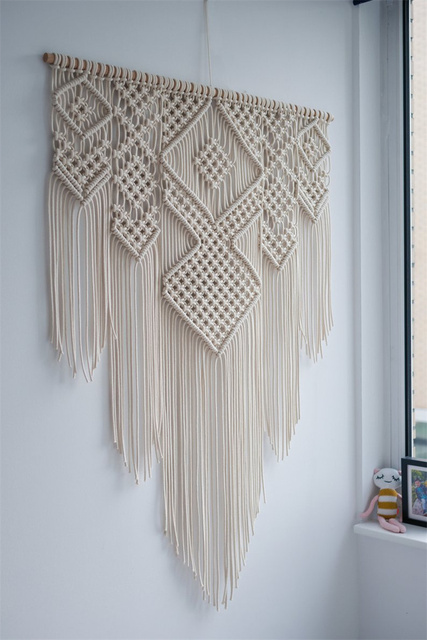 Duży gobelin Macrame Tapestry 100x110CM w stylu Boho - ręcznie tkana z frędzlami - dekoracja ściany wewnętrznej - bawełna len i pielenie tła - Wianko - 9