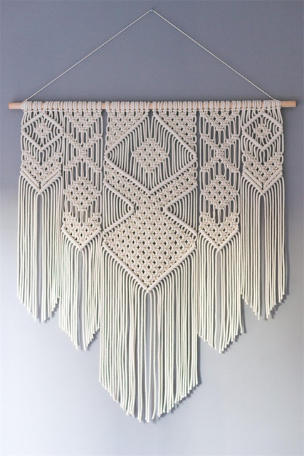 Duży gobelin Macrame Tapestry 100x110CM w stylu Boho - ręcznie tkana z frędzlami - dekoracja ściany wewnętrznej - bawełna len i pielenie tła - Wianko - 7