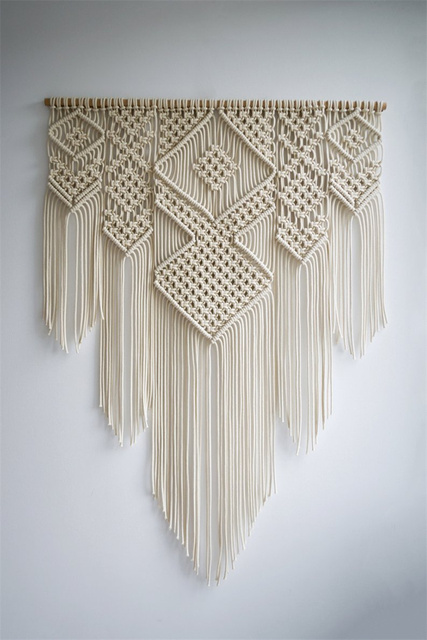 Duży gobelin Macrame Tapestry 100x110CM w stylu Boho - ręcznie tkana z frędzlami - dekoracja ściany wewnętrznej - bawełna len i pielenie tła - Wianko - 8