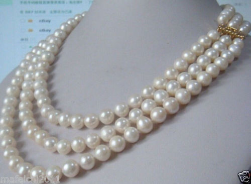 Naszyjnik HABITOO z 3 rzędami białych naturalnych perł z morza południowego (9-10mm) - 16-19 - Wianko - 1
