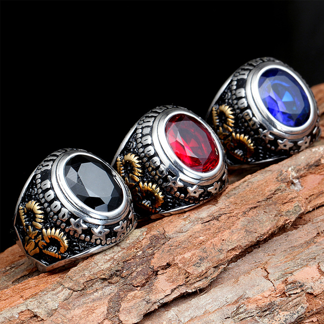 Vintage pierścień gotycki w stylu Baphomet, czarno-czerwono-niebieski kamień, stal nierdzewna, unisex - Wianko - 36