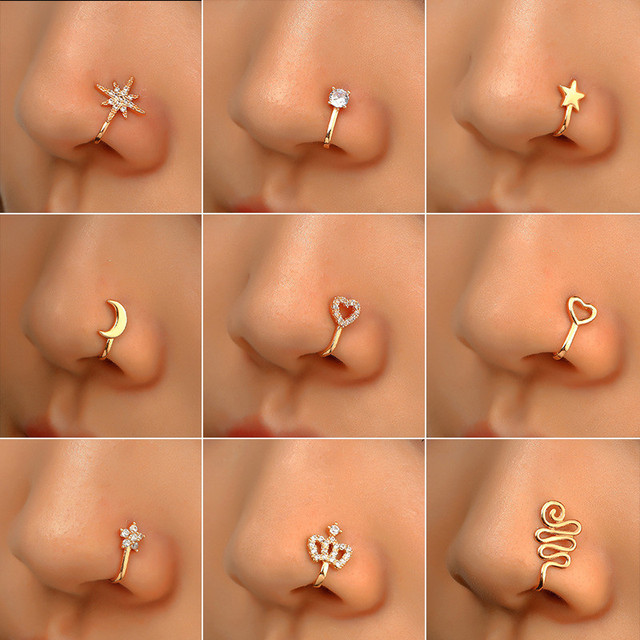 Naszyjnik złotego koloru z sercem i gwiazdą - klips na nos z zaciskiem fałszywej biżuterii do przekłuwania nosa - Wianko - 1