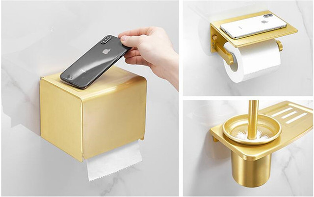 Zestaw akcesoriów łazienkowych: szczotkowane złoto, półka narożna, wieszak na ręczniki, uchwyt na papier, szczotka do wc - Wianko - 18