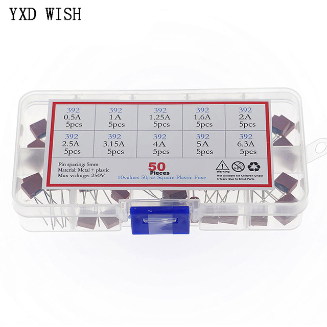 Zestaw 50 sztuk 392 bezpieczników kwadratowych o różnych prądach:  0.5A, 1A, 1.25A, 1.6A, 2A, 2.5A, 3.15A, 4A, 5A, 6.3A - Wianko - 4